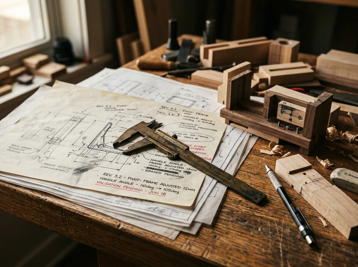 Blueprints and calipers on a wooden workbench representing business growth strategies before hiring an seo agency.