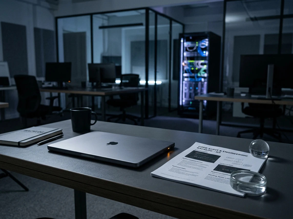 A modern office desk with a laptop and documents reflecting search engine optimization audits and marketing return on investment.