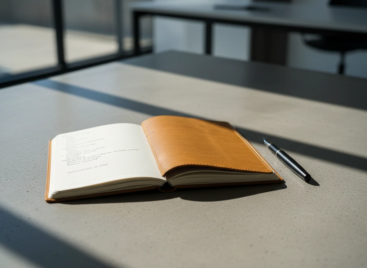 An open leather notebook and pen on a desk, planning search engine optimization before hiring an seo agency.