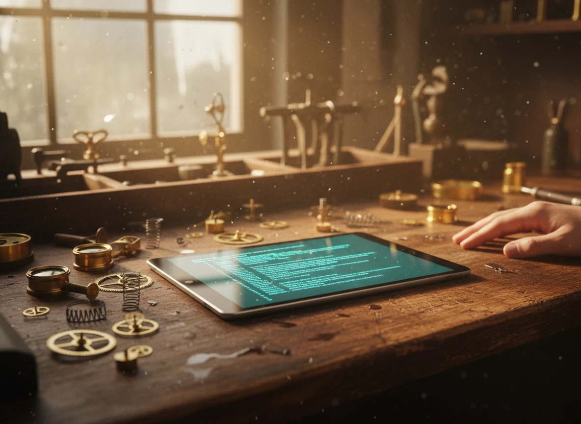 A tablet displaying code on a rustic workbench with clockmaker parts, representing an seo friendly blog generator.