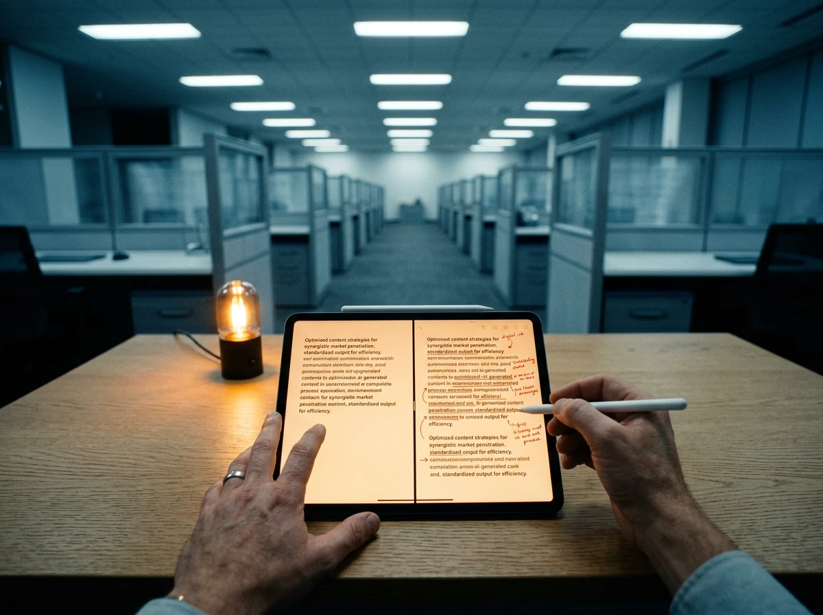 A person reviewing and editing AI content on a tablet to humanize content for a blog.