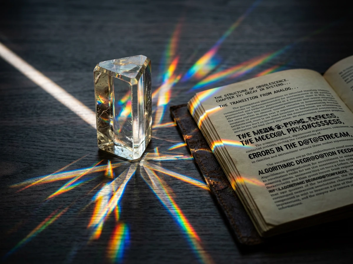 A crystal prism refracting light onto a book page, symbolizing an ai content detector analyzing text.