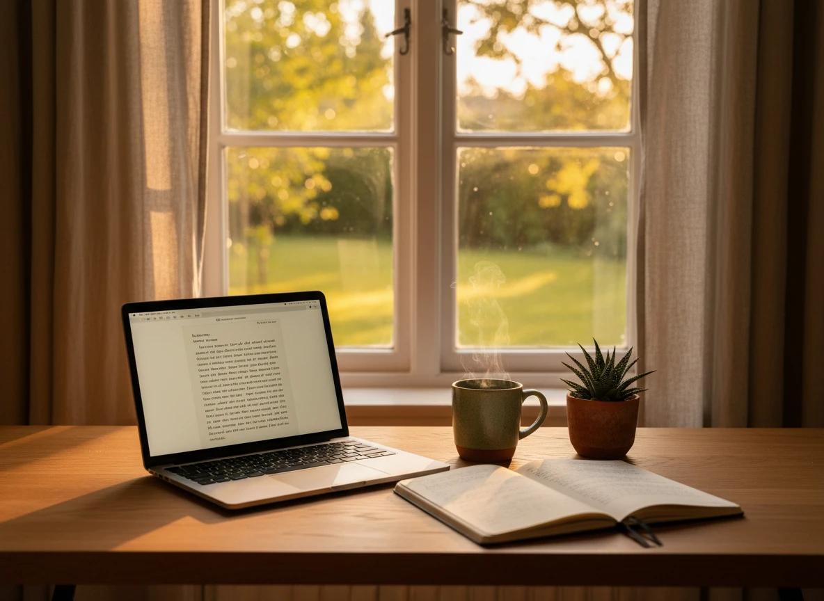 A laptop open with text next to a steaming mug and plant, ready to humanize content with an AI tool.