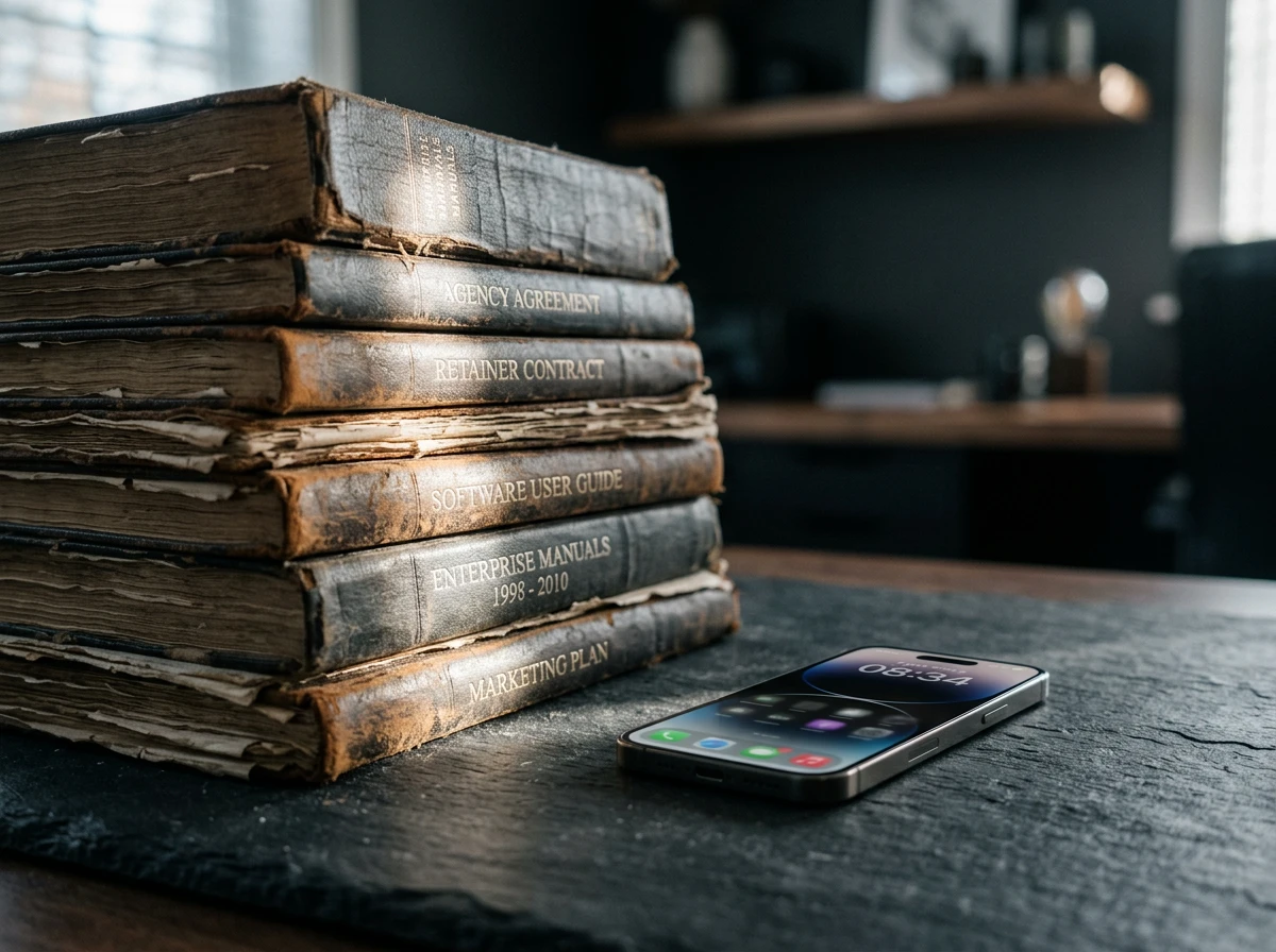 A stack of heavy antique books next to a modern smartphone representing website optimization and search rankings.
