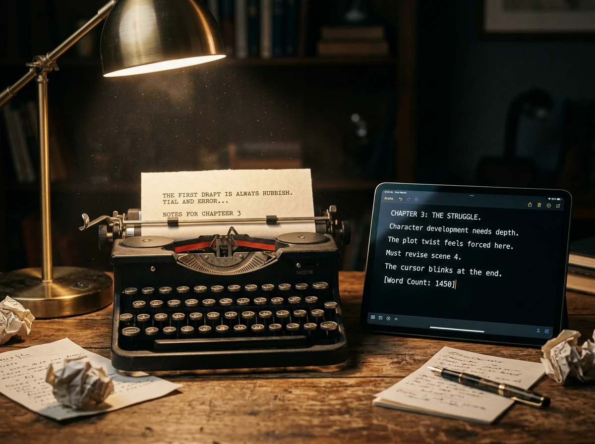 An old typewriter alongside a digital tablet showcasing content generation tools for ai seo and page optimisation.