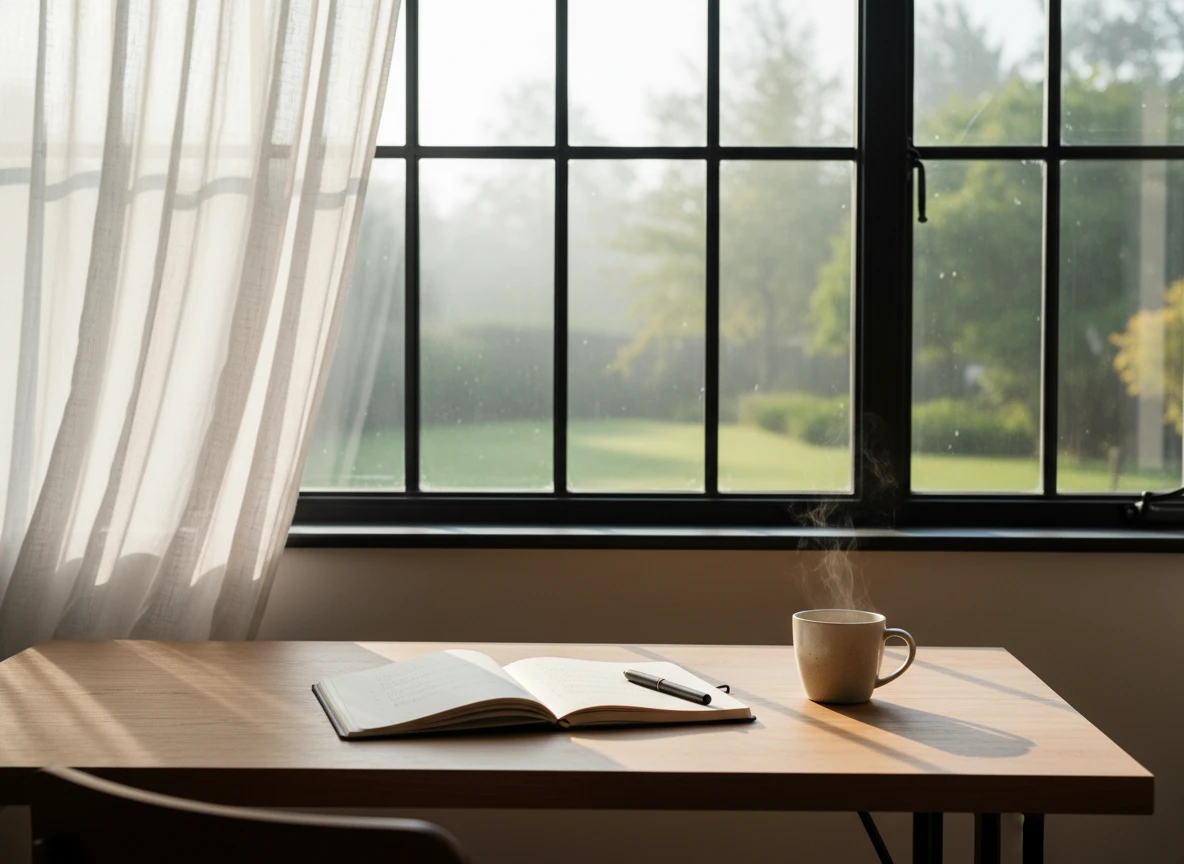 An open notebook and steaming coffee cup on a desk, supporting website optimization and content strategy.