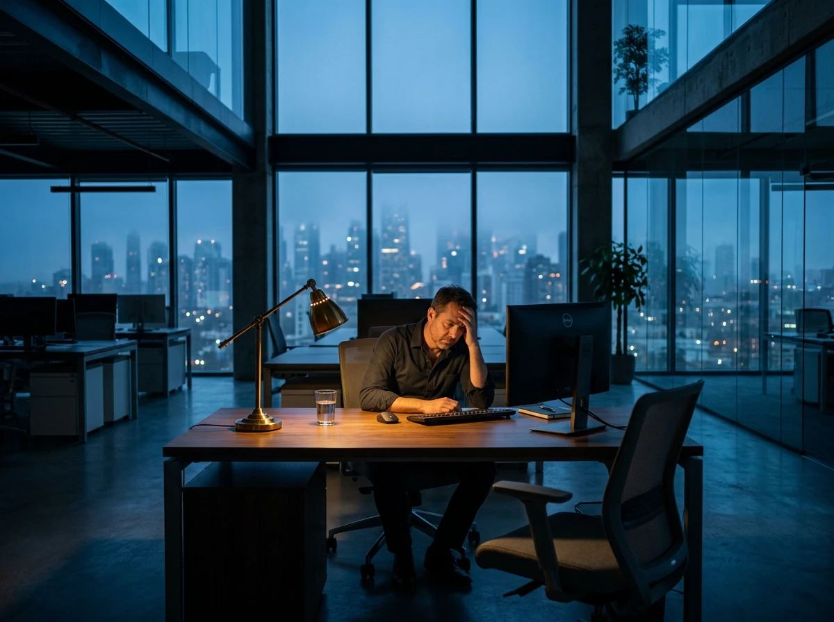 A stressed man at a desk working late as organic traffic drops cause search rankings decline and site anxiety.