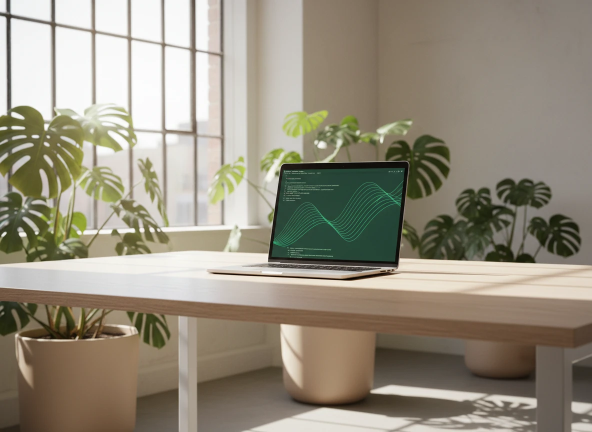 A laptop on a wooden desk with site health monitoring displays to track organic traffic drops.