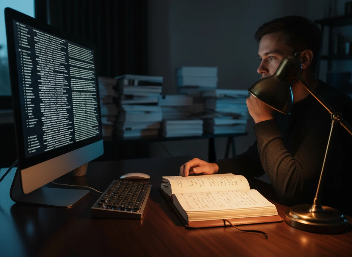 A man using an ai content writer tool at night, editing ai text in an open notebook to humanize content with a natural writing style.