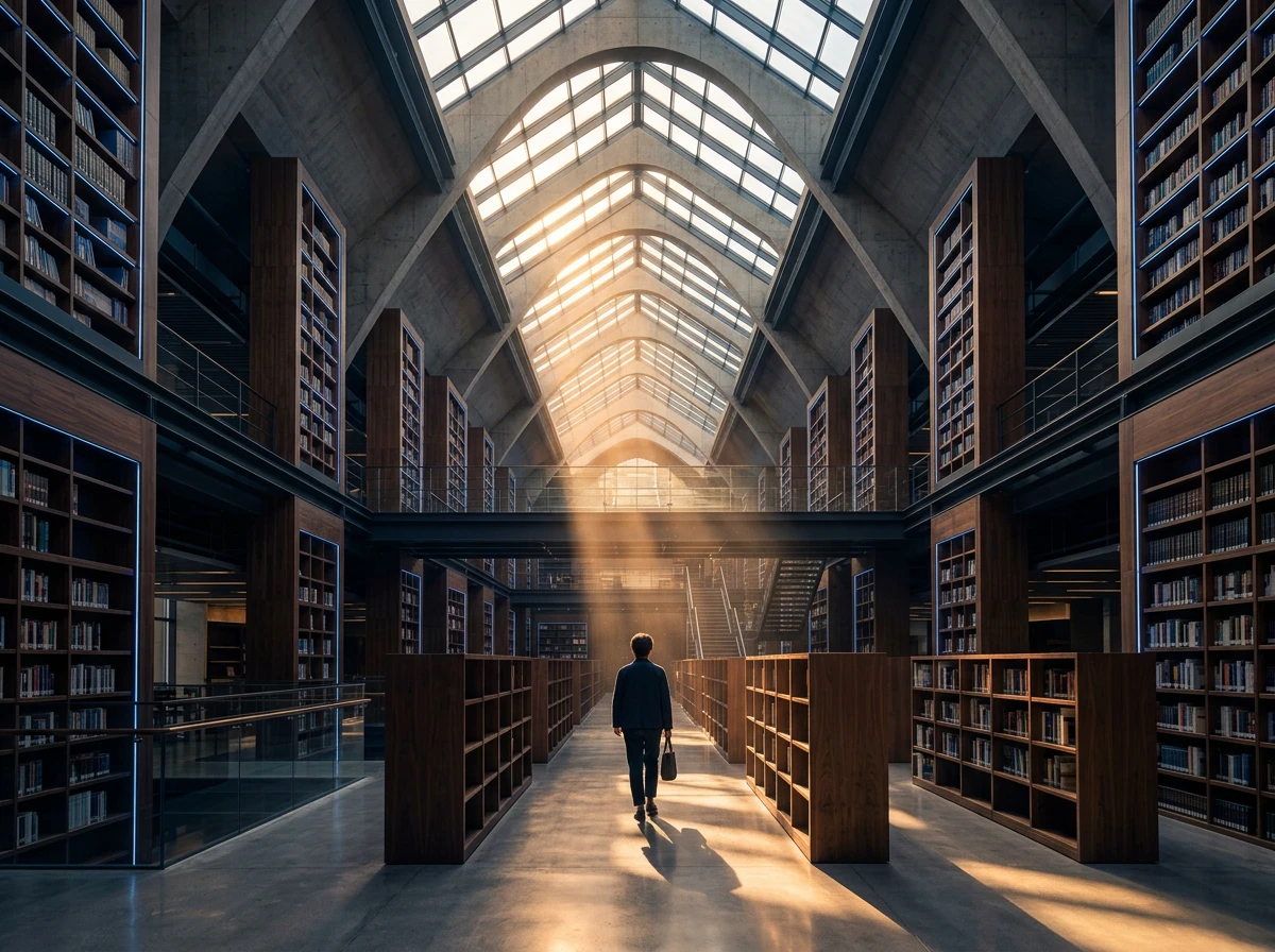 A person walks down the aisle of a vast, modern library bathed in sunlight from a glass roof, reflecting a natural writing style for your ai blog writer.