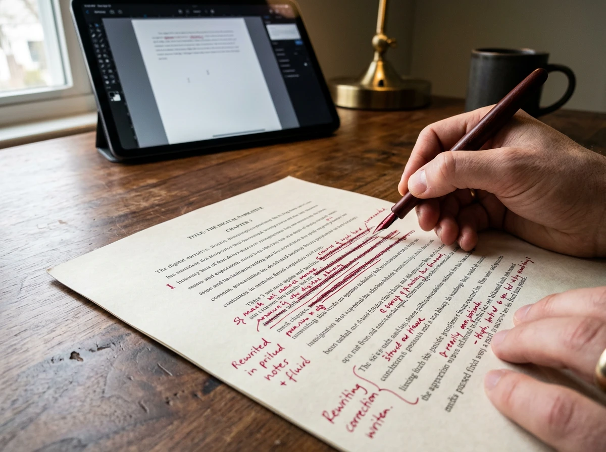 A person editing printed AI text with a red pen, using content optimization tips to humanize content for a better natural writing style.