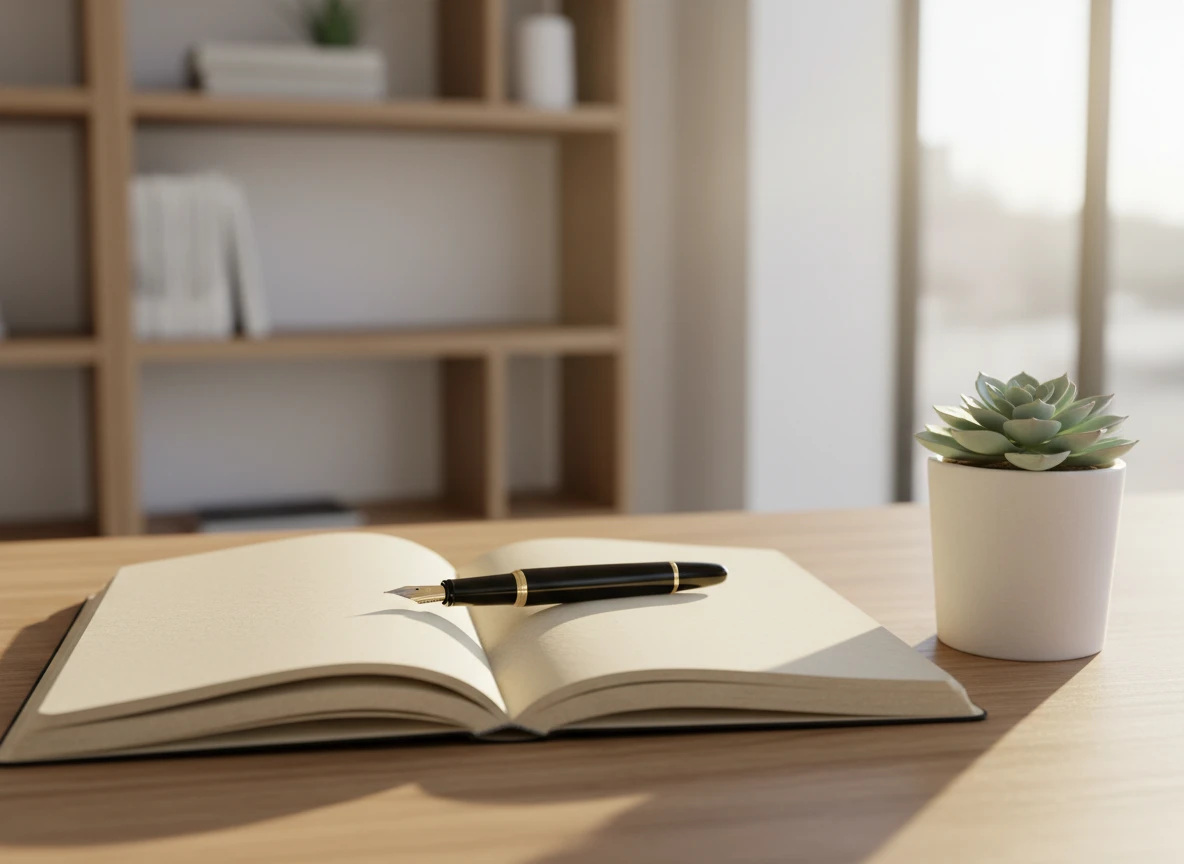 An open notebook and pen on a wooden desk, perfect for editing AI text with a natural writing style.