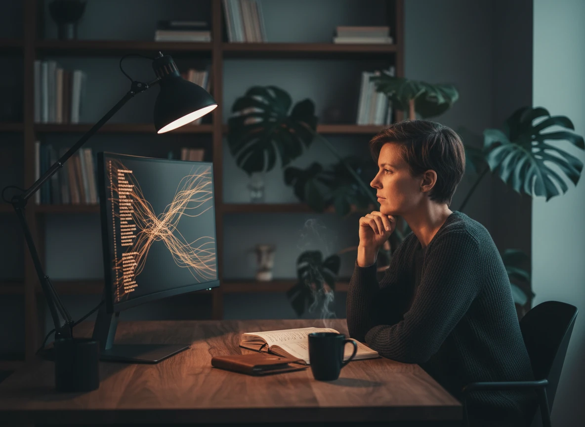 A woman reviewing code and data on a monitor to improve seo optimisation and avoid ai detection.