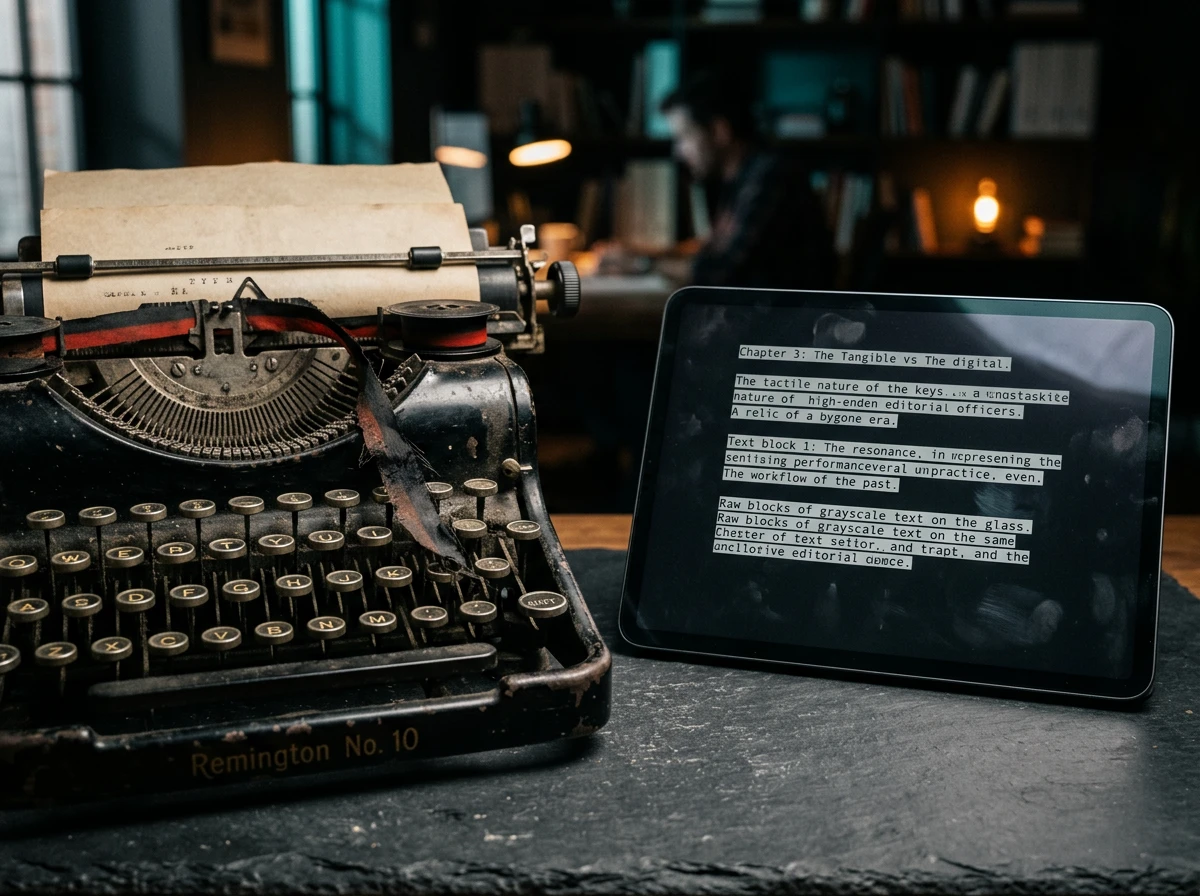 An old typewriter beside a modern tablet displaying text during blog generation using AI processes.