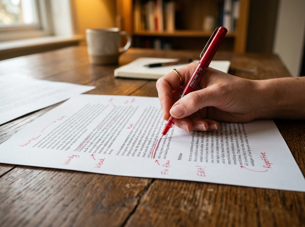 A hand editing a first blog draft with a red pen for seo optimisation before publishing.