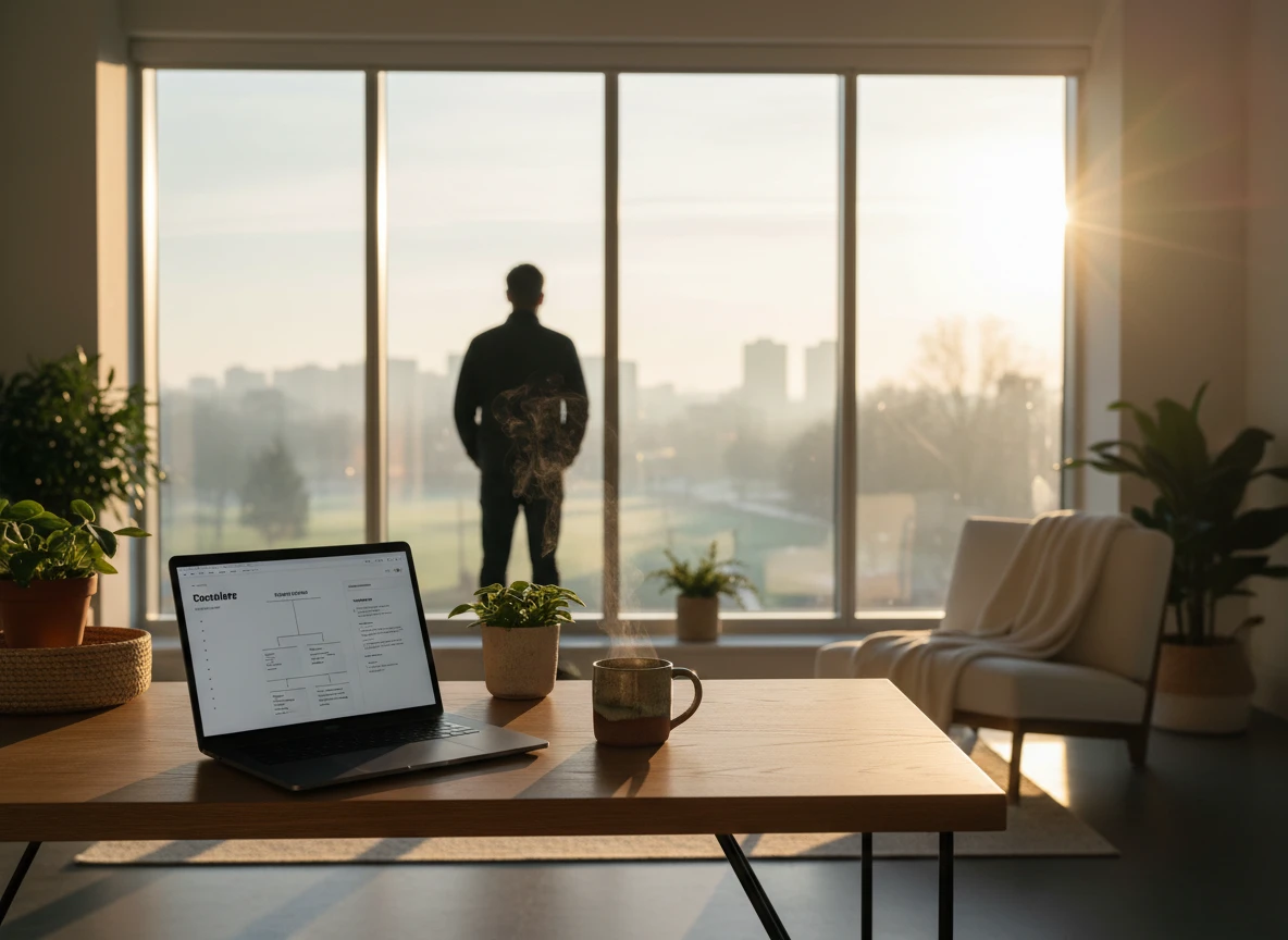A laptop and steaming mug on a desk for automated blogging and content generation using AI.