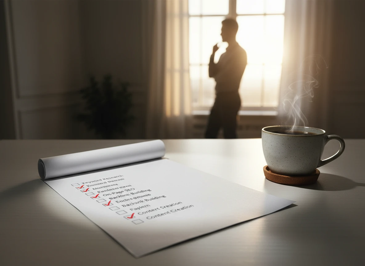 A completed seo marketing strategy checklist on a desk with a steaming coffee cup and a person in background.
