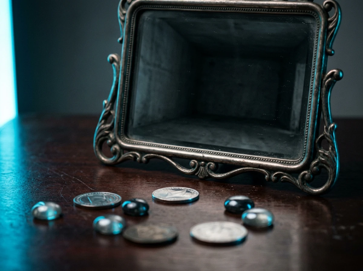 An ornate mirror and coins on a table to represent website seo optimization investment limits.