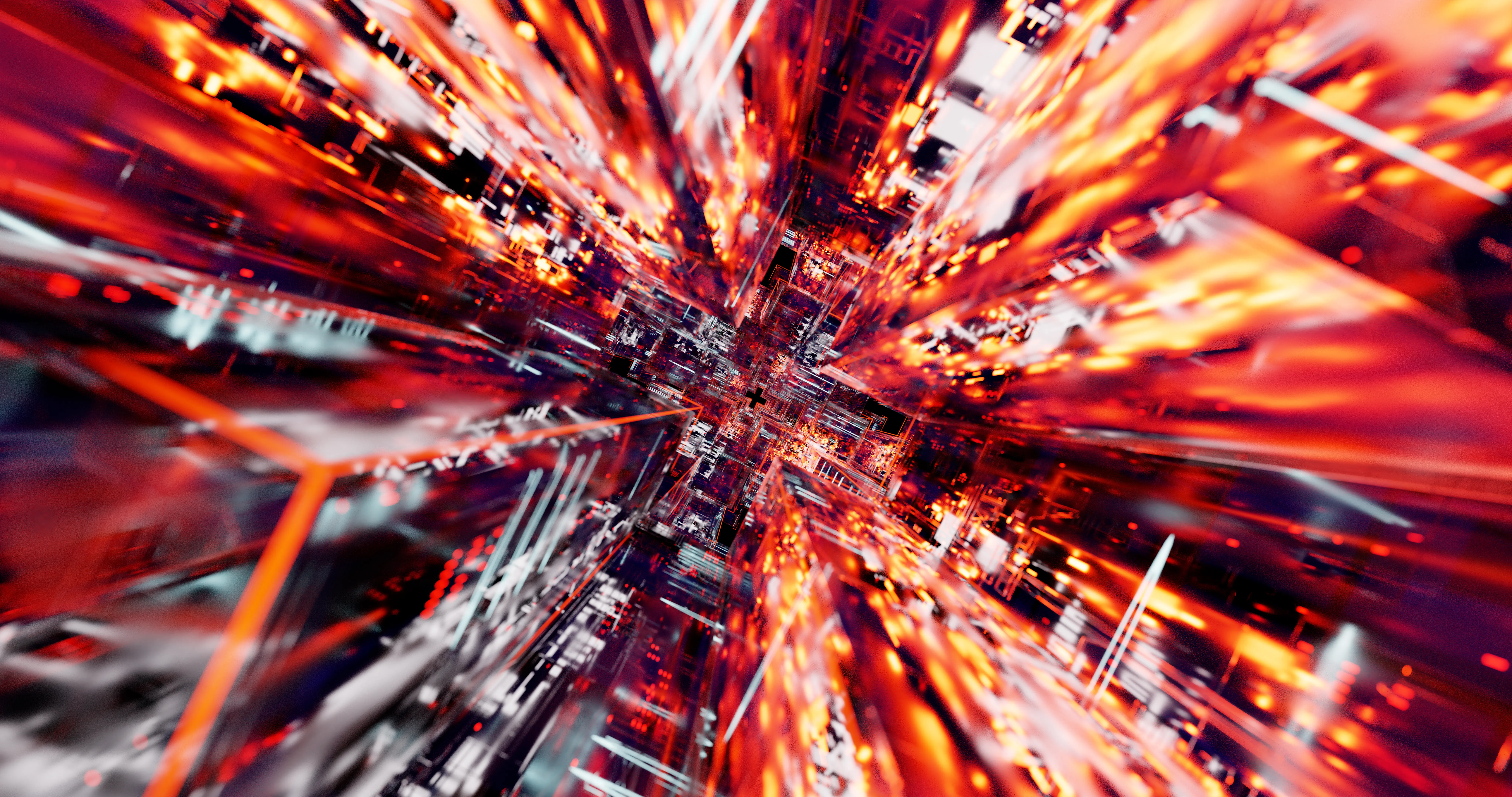 Abstract digital tunnel of red light representing AI search optimization and answer engine optimization.