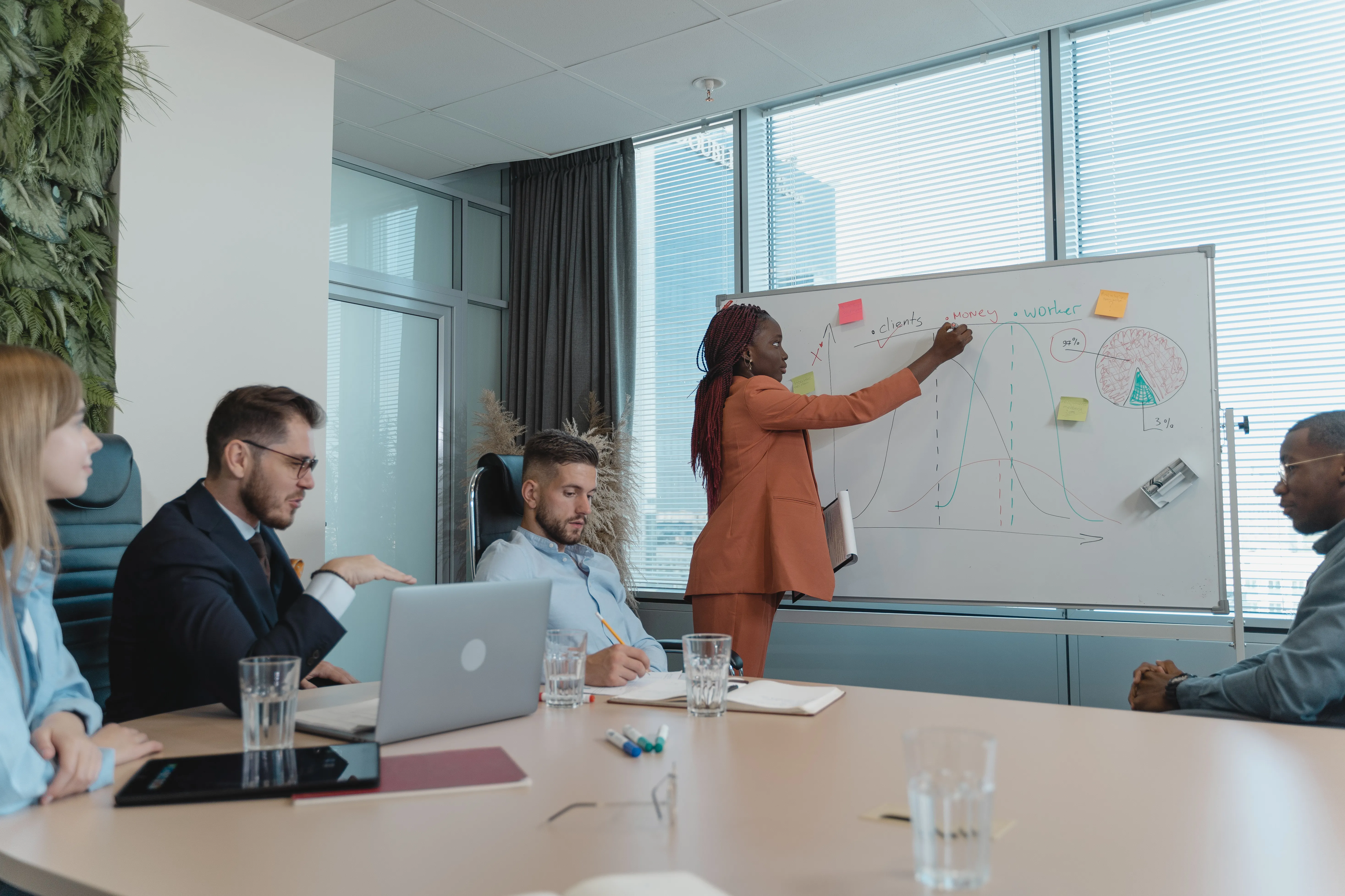 Team in a meeting room learning an aeo strategy for generative engine optimization on a whiteboard.