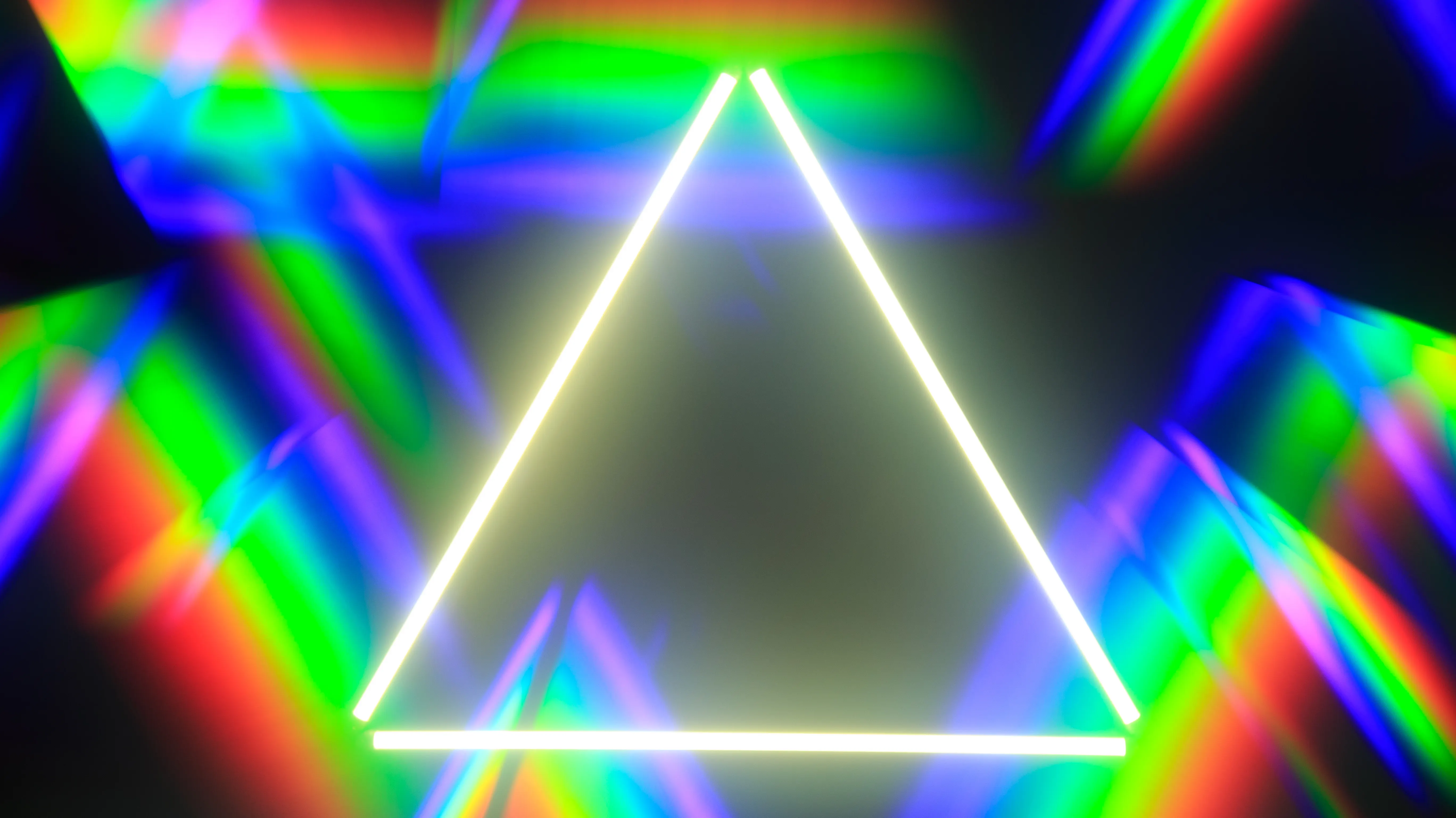A glowing white triangle surrounded by colorful neon light beams, representing the best ai seo tool.