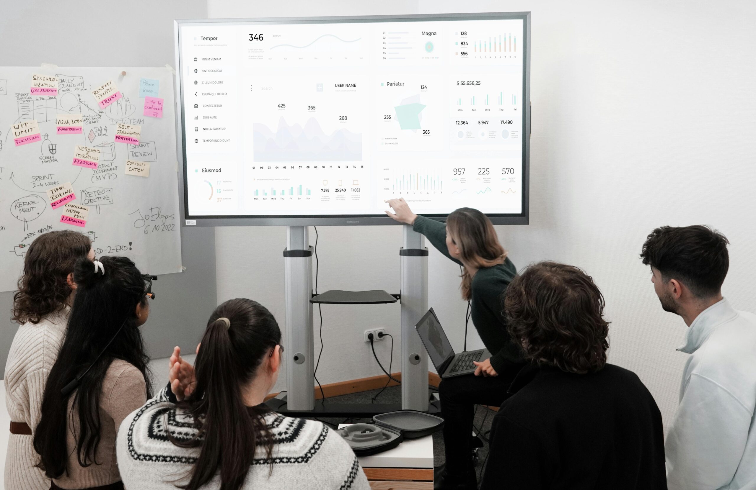 A person analyzing a dashboard of blog analytics on a large monitor, with charts and graphs showing user engagement and traffic data.