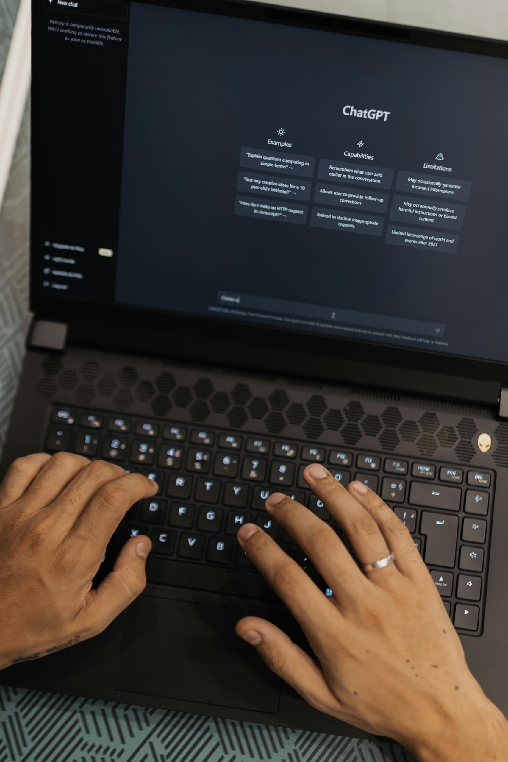 A person using a computer with an AI SEO tool interface displayed on the screen. The interface shows keyword analysis, content optimization suggestions, and performance metrics. The scene should convey efficiency, data-driven decision-making, and the integration of AI into the SEO workflow.