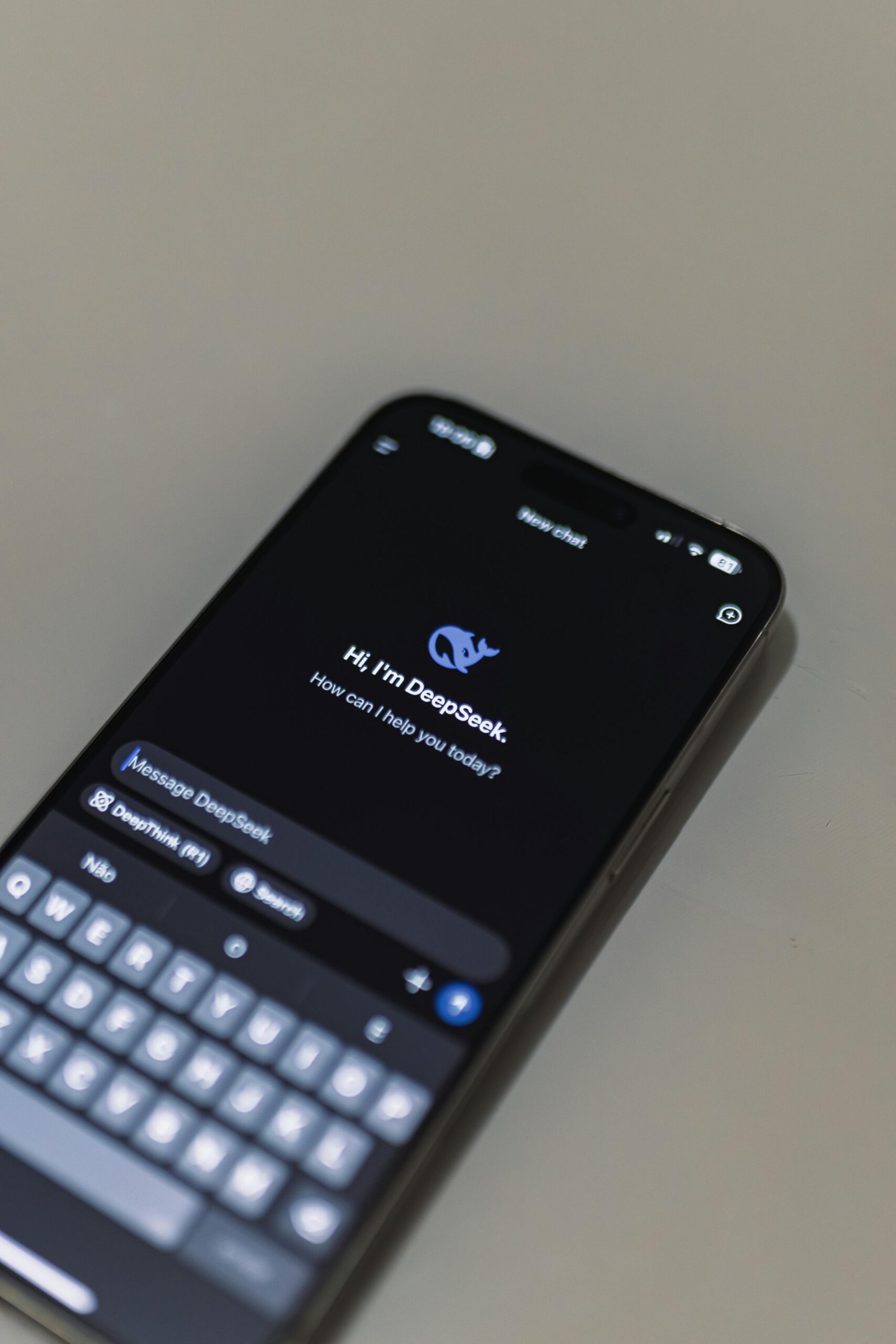 A user interacting with an AI chatbot on a smartphone, with a satisfied expression. The background shows a blurred cityscape, indicating widespread use of mobile technology.