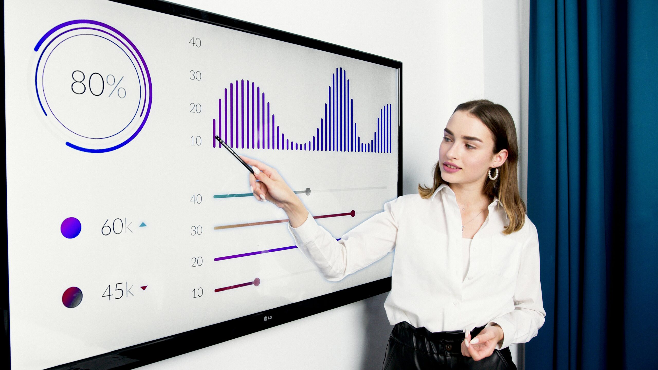 A person confidently presenting a successful blog strategy, highlighting key achievements and future goals in a presentation setting. The overall mood is positive, motivational, and forward-thinking.