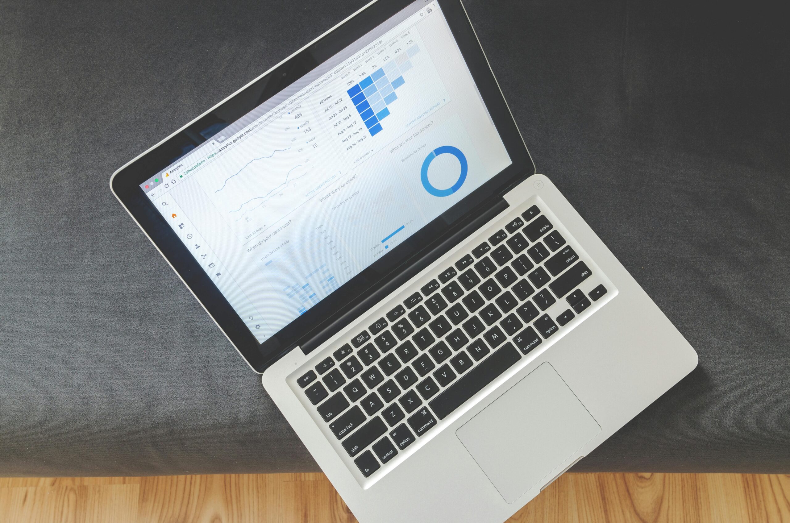 A dashboard displaying SEO metrics and analytics, with AI algorithms highlighting key insights and areas for improvement. The color scheme is professional with blues, greens, and grays.